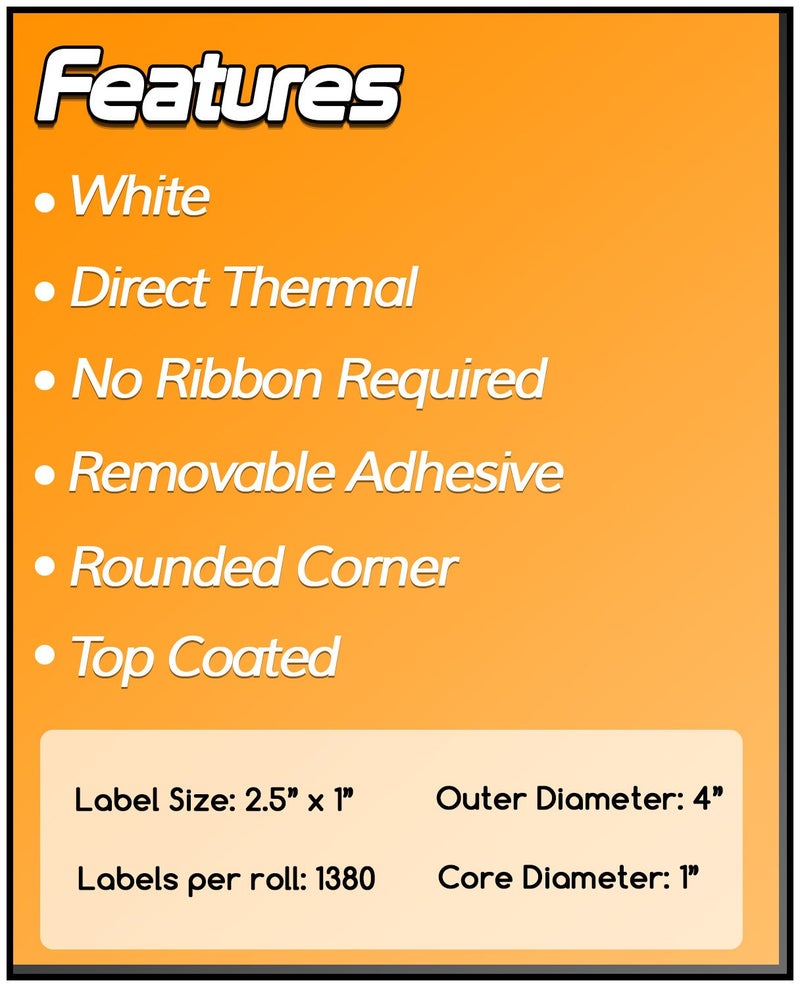 OfficeSmartLabels â€“ 2.5" x 1" Removable Direct Thermal Labels - Compatible with Rollo & Zebra Desktop Printers and More â€“ 1â€ Core; Perforated, Water & Oil Resistant [4 Rolls, 5520 Labels] - Image 4